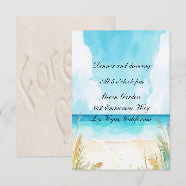 Watercolor Blue Ocean Beach Wedding Reception Card (Front/Back)