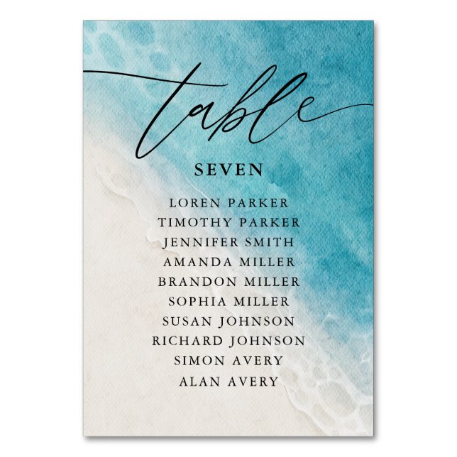 Watercolor Blue Ocean Beach Wedding Table Number (Front)