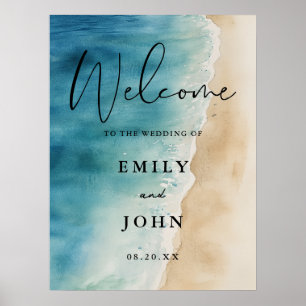 Watercolor Blue Ocean Beach Wedding Welcome Sign