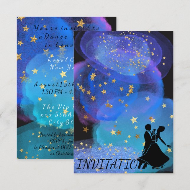Watercolor Blue Ocean Night Sky Starry Dance Party Invitation (Front/Back)