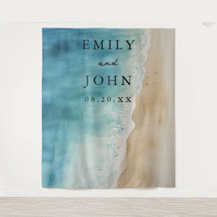 Watercolor Blue Ocean Sand Beach Wedding Backdrop Tapestry