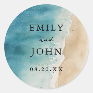 Watercolor Blue Ocean Sand Beach Wedding Classic Round Sticker