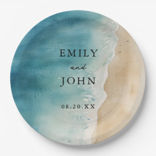 Watercolor Blue Ocean Sand Beach Wedding Paper Plate