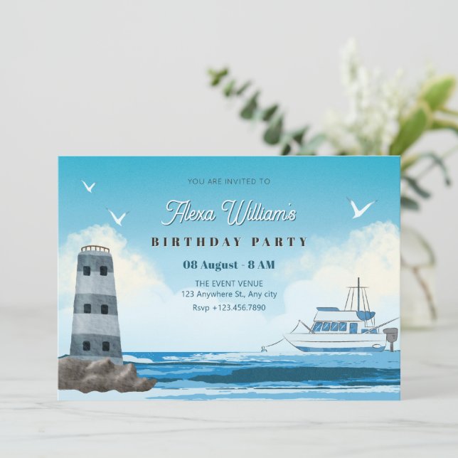 Watercolor blue ocean ship invitation (Standing Front)