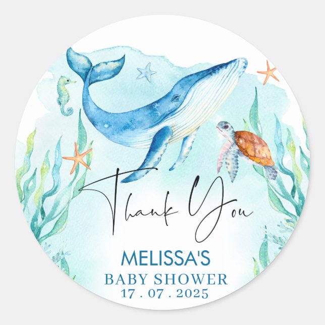 Watercolor Blue Ocean Under The Sea Baby Shower  Classic Round Sticker (Front)