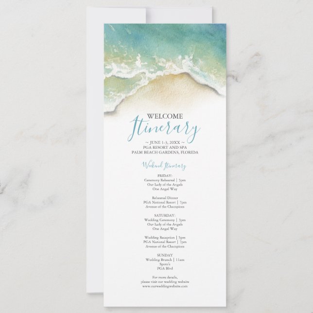 Watercolor Blue Ocean Waves Wedding Itinerary Invitation (Front)