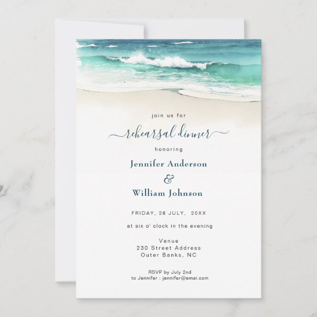 Watercolor Blue ocean Wedding Rehearsal Dinner  Announcement (Front)