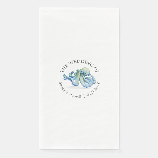 Watercolor Blue Octopus Beach Wedding Personalised Napkin (Front)