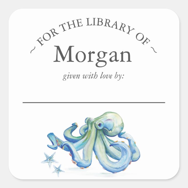 Watercolor Blue Octopus Bookplate Square Sticker (Front)