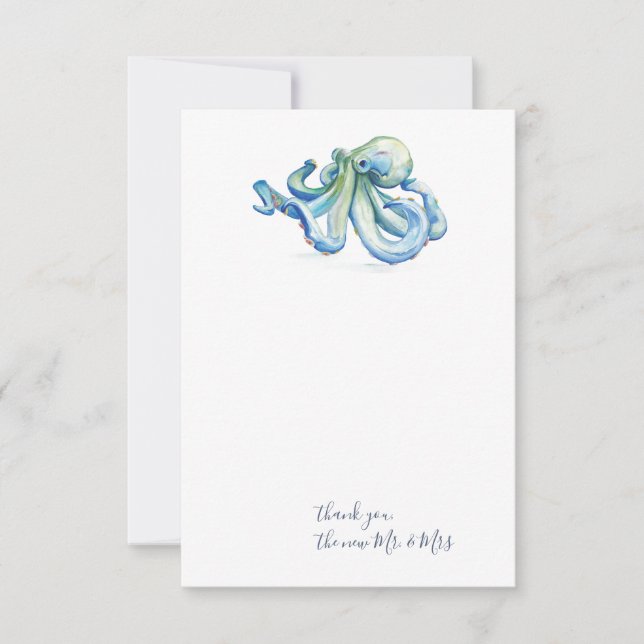 Watercolor Blue Octopus Thank You Stationery Card (Front)