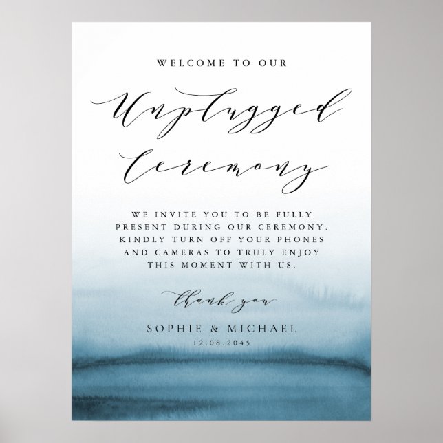Watercolor Blue Ombre Unplugged Wedding Ceremony Poster (Front)
