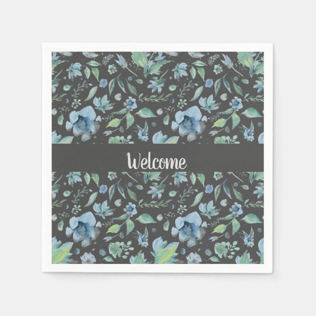Watercolor Blue on Dark Grey Floral Custom  Napkin (Front)