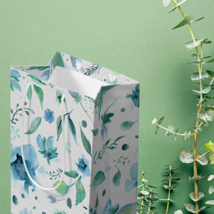 Watercolor Blue on Light Grey Floral Medium Gift Bag