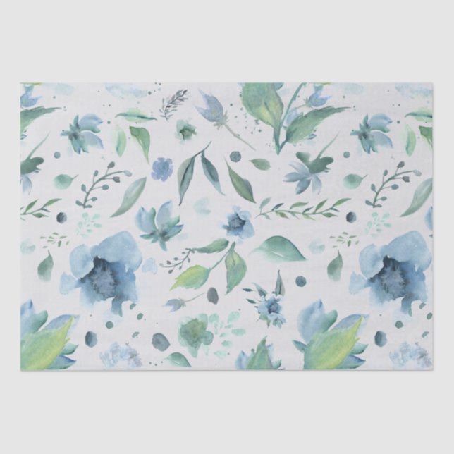 Watercolor Blue on Light Grey Floral  Tissue Paper (Front)