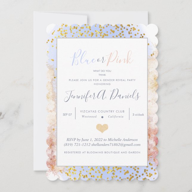 Watercolor Blue or Pink Gender Reveal Party Invitation (Front)