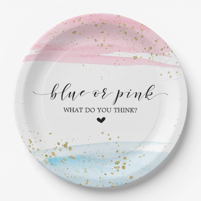 Watercolor Blue or Pink Gender Reveal Party Paper Plate (Front)