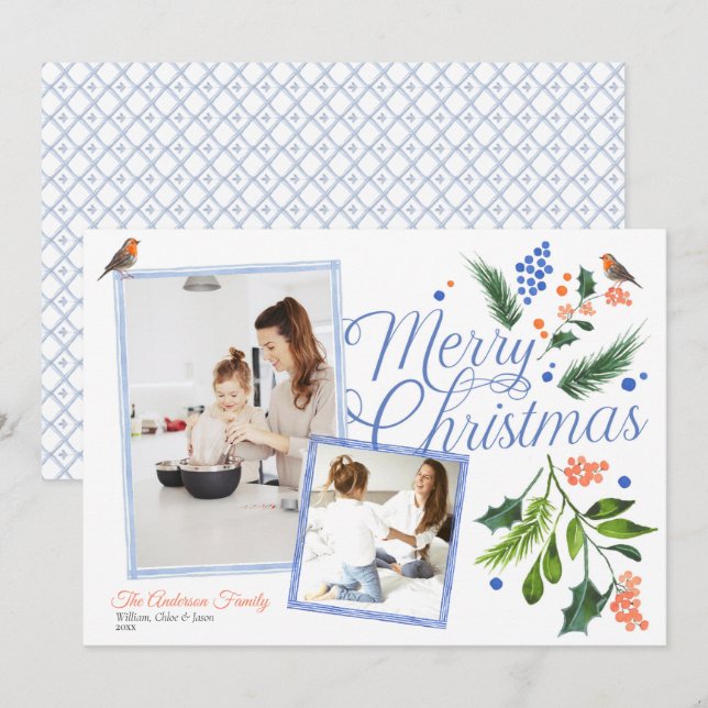 Watercolor Blue Orange Merry Christmas Two Photos Holiday Card (Front/Back)
