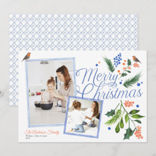 Watercolor Blue Orange Merry Christmas Two Photos Holiday Card