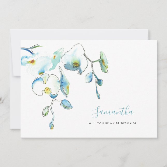Watercolor Blue Orchids Bridesmaid Proposal Cards (Front)