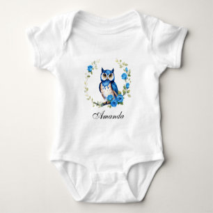 Watercolor Blue Owl and Roses Girly Baby Bodysuit