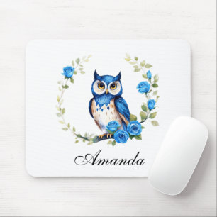 Watercolor Blue Owl and Roses Girly Mouse Mat