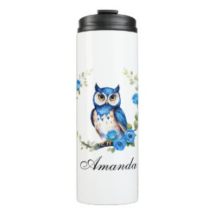 Watercolor Blue Owl and Roses Girly Thermal Tumbler