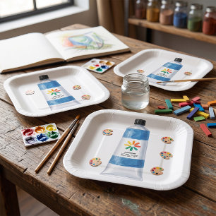 Watercolor Blue Paint Tube Illustration Paper Plate