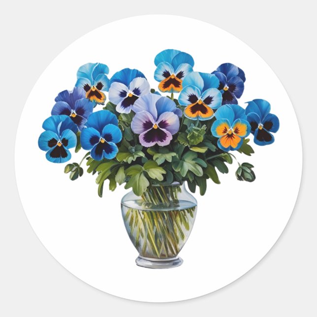 Watercolor Blue Pansy Flower Bouquet Classic Round Sticker (Front)