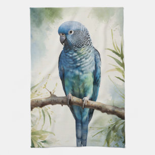 Watercolor Blue Parakeet Eucalyptus Tree Tea Towel