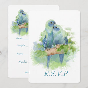 Watercolor Blue Parrot Tropical Bird Wedding RSVP Invitation