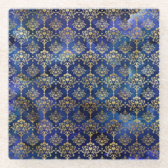 Watercolor Blue Pattern with Gold Damask Glass Coaster (Front)