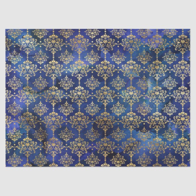 Watercolor Blue Pattern with Gold Damask Tissue Paper (Front)