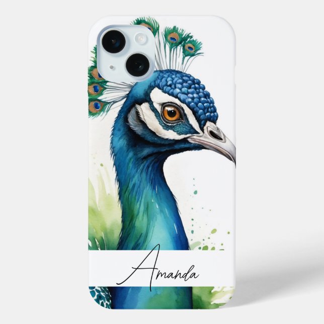 Watercolor Blue Peacock Face Name Case-Mate iPhone Case (Back)