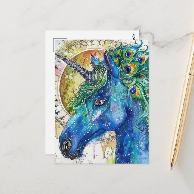 Watercolor Blue Peacock Unicorn Postcard (Front/Back In Situ)