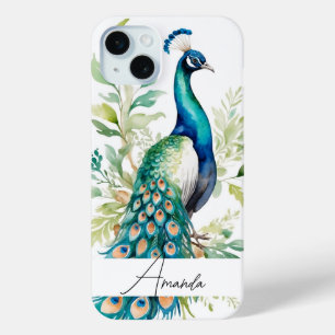 Watercolor Blue Peacock with Leaves Name iPhone 15 Mini Case