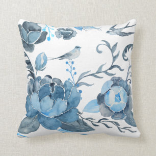 Watercolor blue peony and swallow Cushion