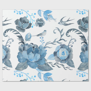 Watercolor Blue peony and swallows Wrapping paper