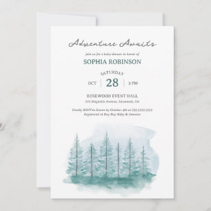 Watercolor Blue Pine Forest Adventure Awaits Invitation