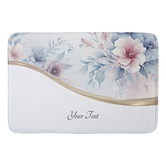 Watercolor Blue Pink Floral Bath Mat (Front)