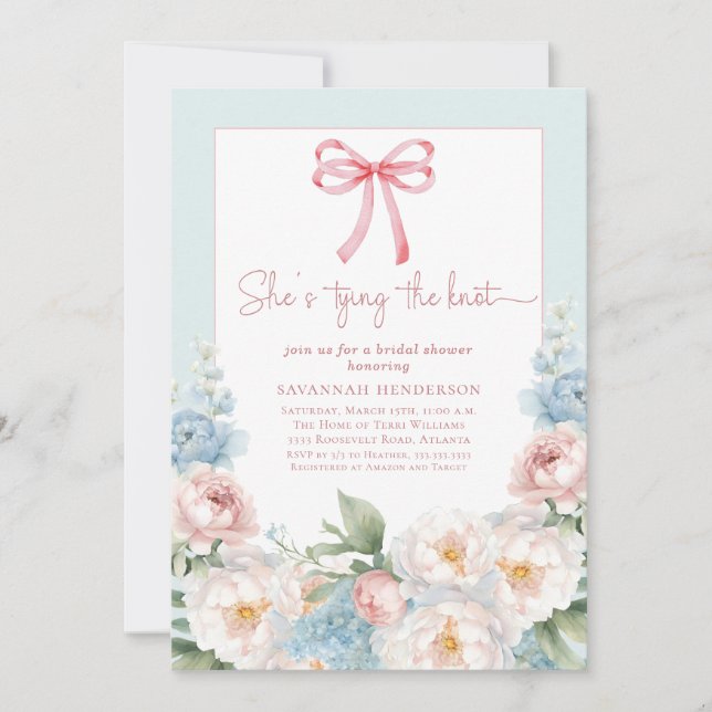 Watercolor Blue Pink Floral Bow Bridal Shower Invitation (Front)