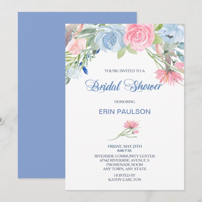 Watercolor Blue Pink Floral Bridal Shower Invite (Front/Back)