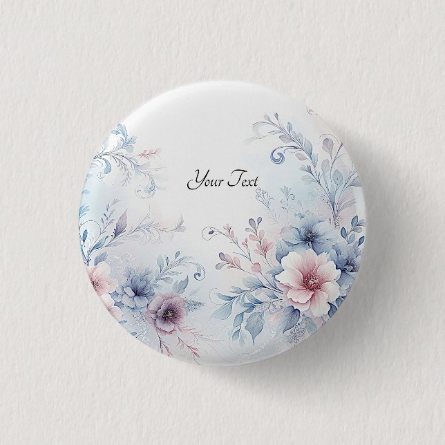 Watercolor Blue Pink Floral Button (Front)