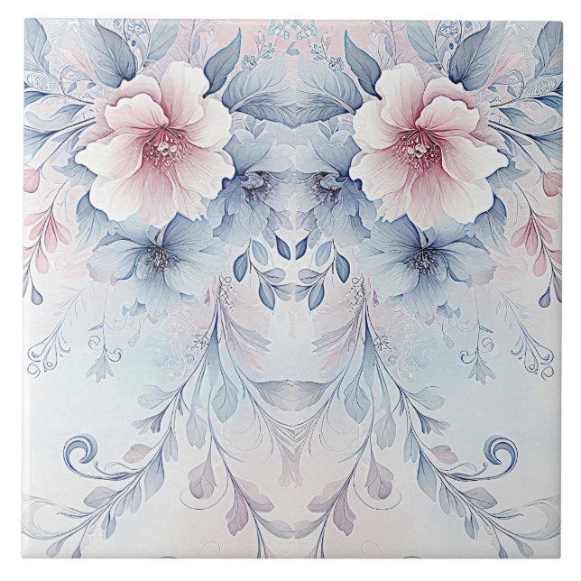 Watercolor Blue Pink Floral Ceramic Tile (Front)