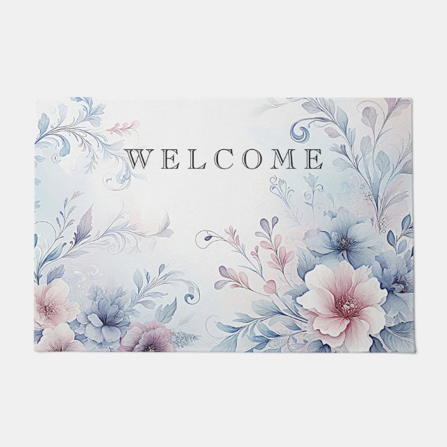 Watercolor Blue Pink Floral Doormat (Front)