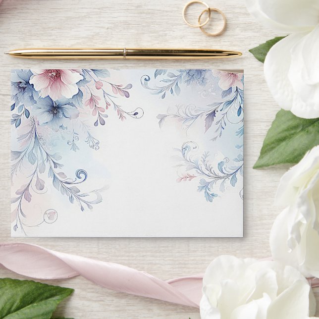Watercolor Blue Pink Floral Envelope (Wedding)