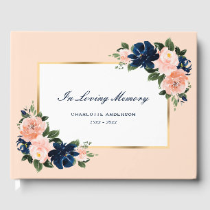 Watercolor Blue Pink Floral Funeral Memorial Guest Book