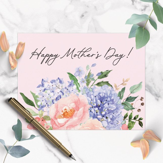 Watercolor Blue Pink Floral Happy Mother Day Postcard (In situ on table)