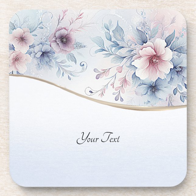 Watercolor Blue Pink Floral Hard Plastic Coaster (Front)