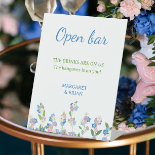 Watercolor Blue & Pink Floral Open Bar Wedding Pedestal Sign