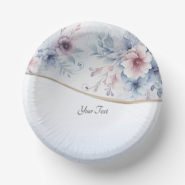 Watercolor Blue Pink Floral Paper Plate (Front)